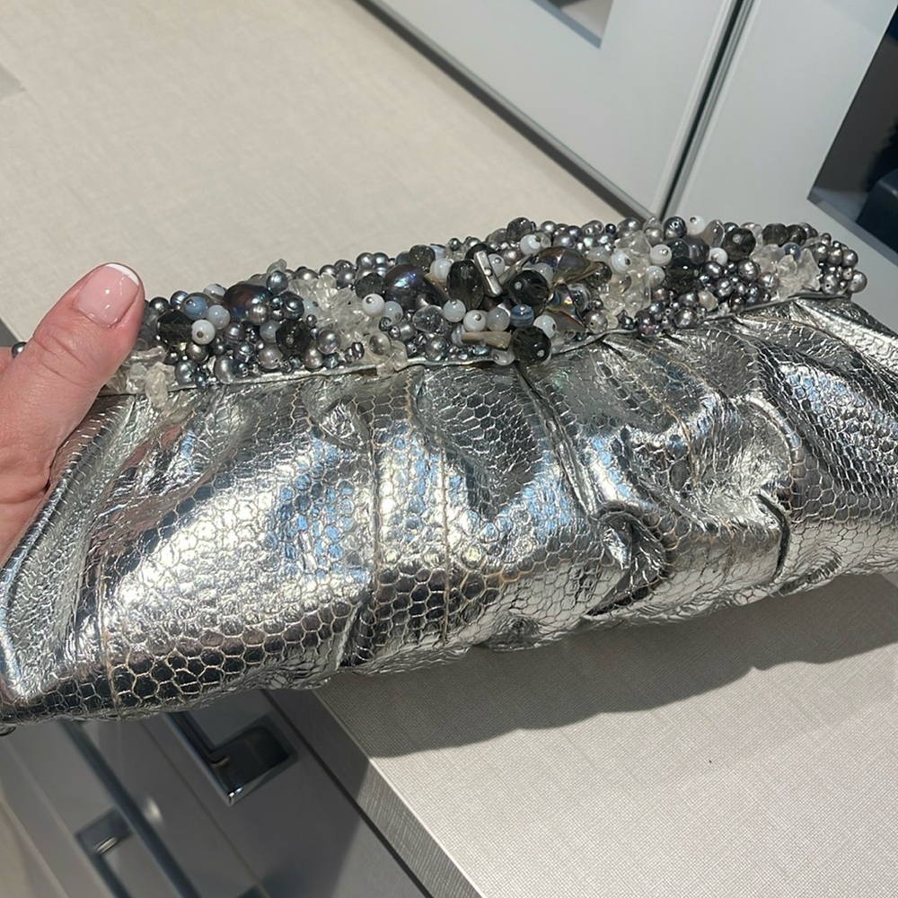 Natural Python Skin Bag Silver Women's Clutch Wit… - image 4